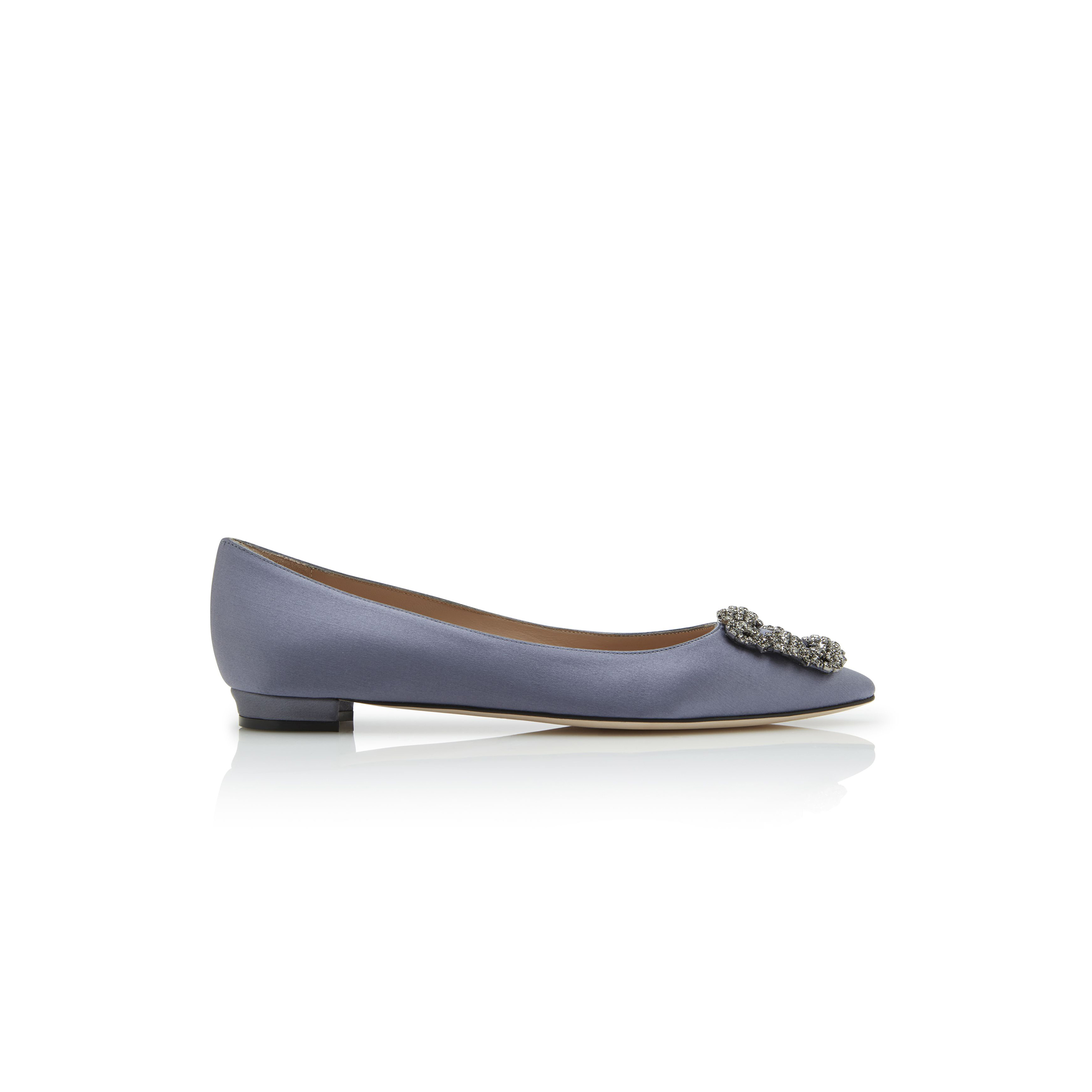 MANOLO BLAHNIK HANGISIFLAT GREY SATIN JEWEL BUCKLE FLAT PUMPS 9XX-0348-0034